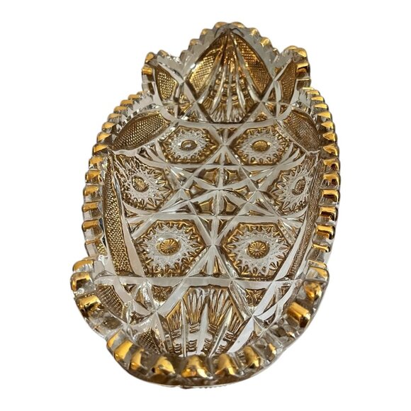 Vintage Clear & Gold Pressed Glass Oval Dish With Intricate Starburst & Geometri - Picture 1 of 10